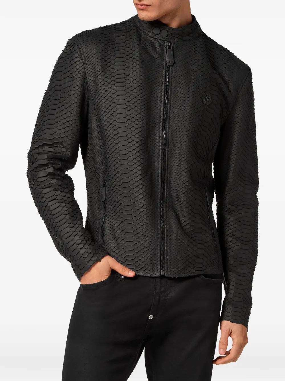 Philipp Plein Leren jack met python-effect Zwart