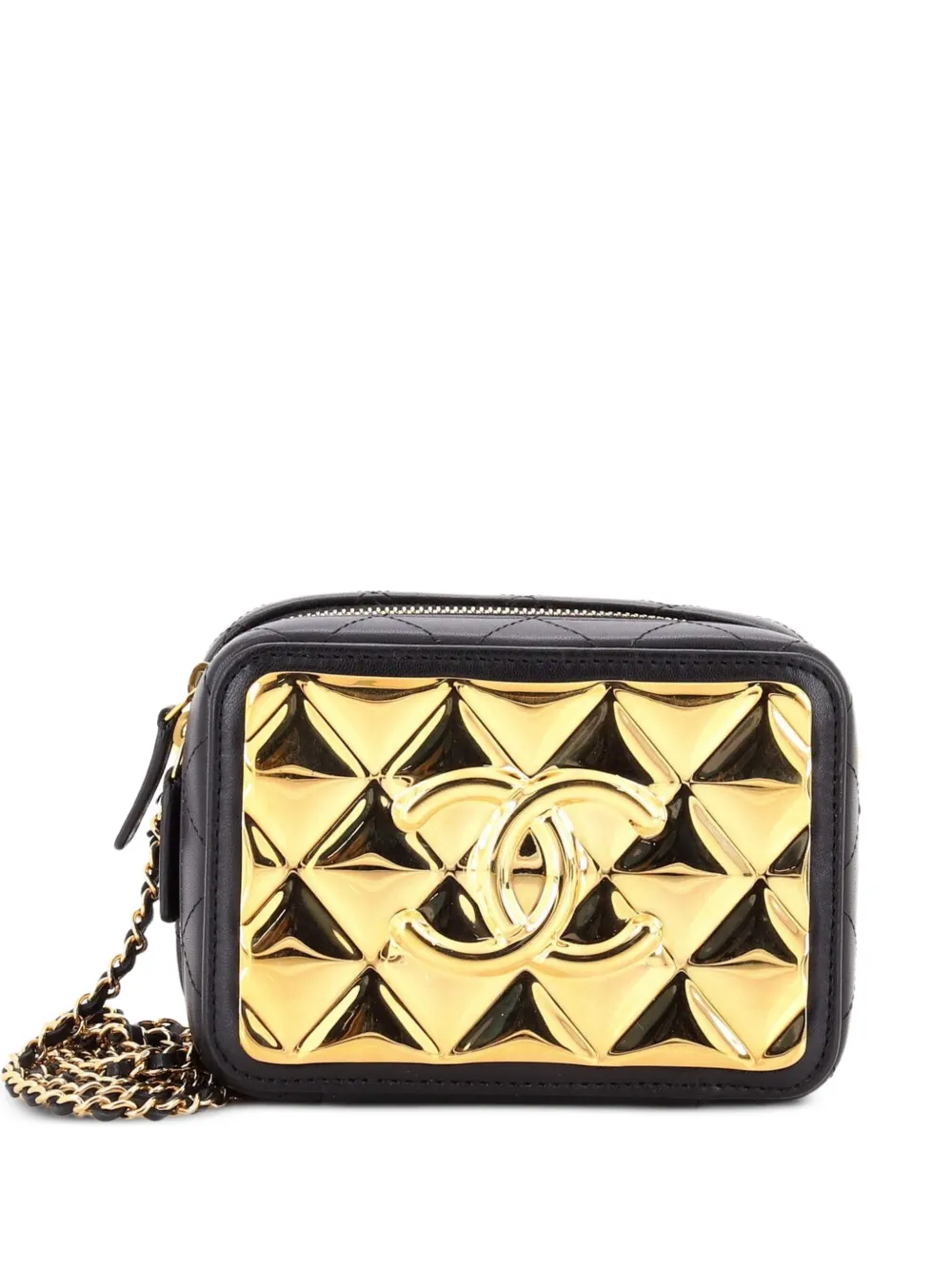 CHANEL Pre-Owned Golden Plate Zip Around Vanity Case with Chain Quilted Metal and Lambskin Mini clutch bag - Nero
