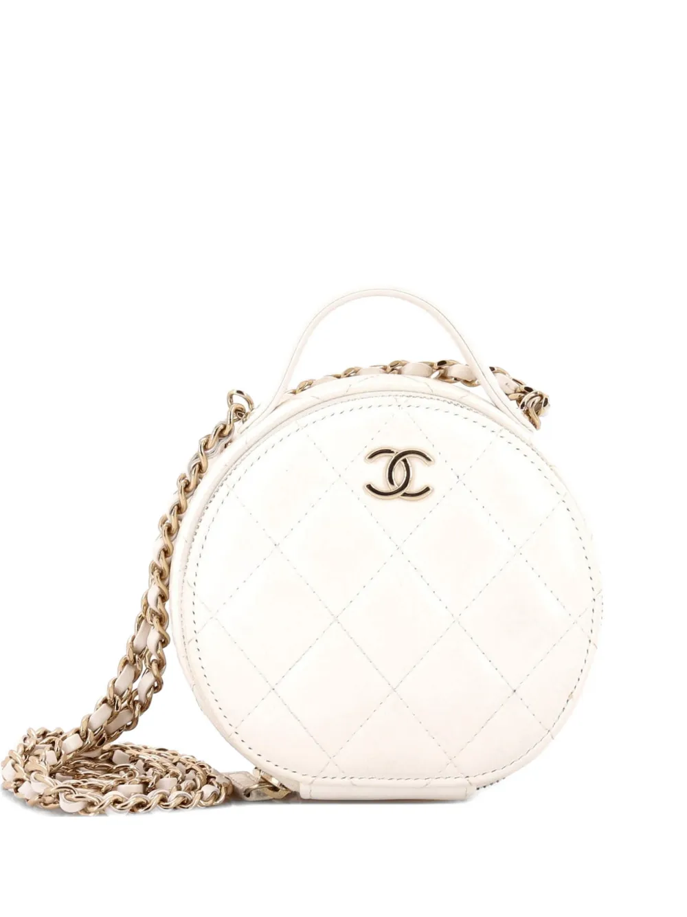 CHANEL Pre-Owned Borsa a tracolla Vanity Case tonda piccola in pelle di agnello trapuntata con manico catena - Bianco
