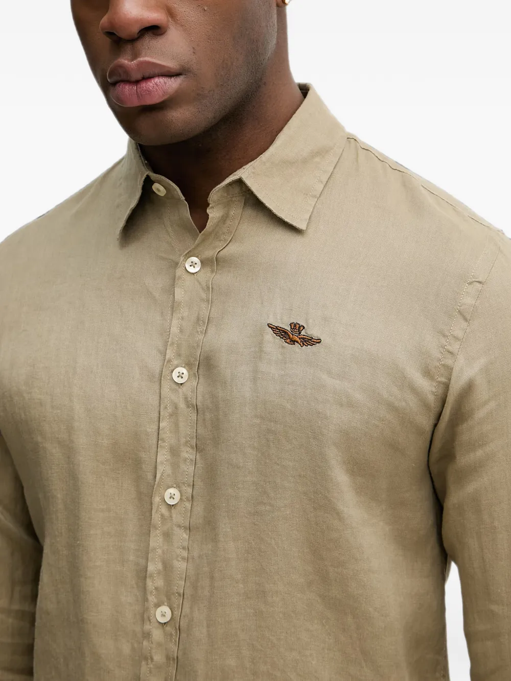 Aeronautica Militare Linnen overhemd met geborduurd logo Beige