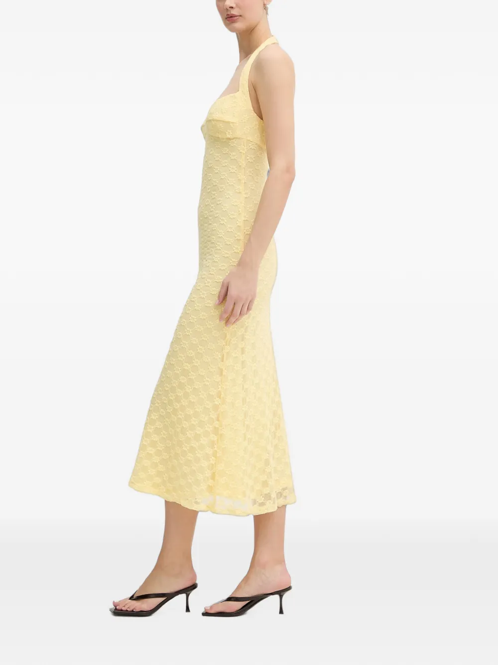 Bardot Mariko midi-jurk met halternek en bloemenkant Geel