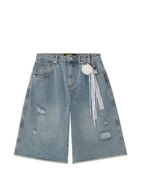 Mini Cream distressed raw-edge shorts