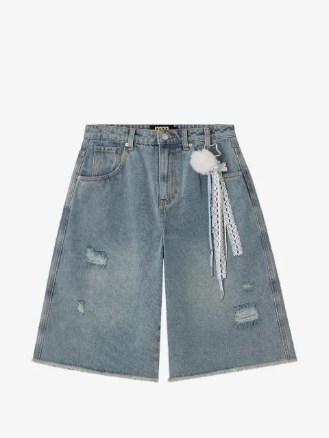 Mini Cream distressed raw-edge shorts