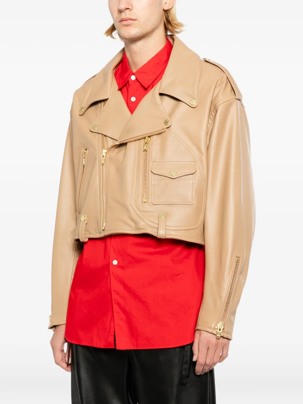 A LEATHER Leren cropped jack Beige