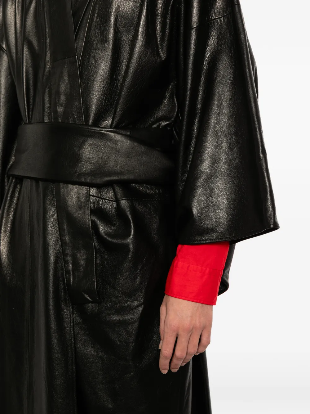 A LEATHER Leren jas met ceintuur Zwart