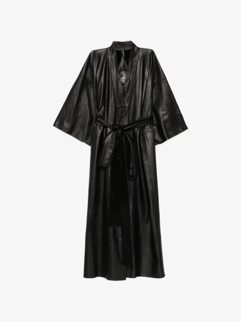 A LEATHER kimono belted leather coat
