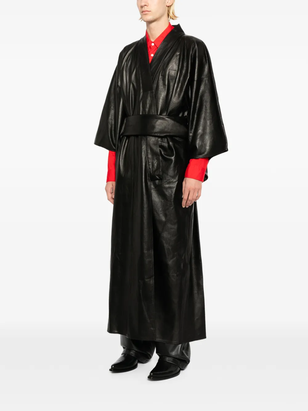 A LEATHER Leren jas met ceintuur Zwart
