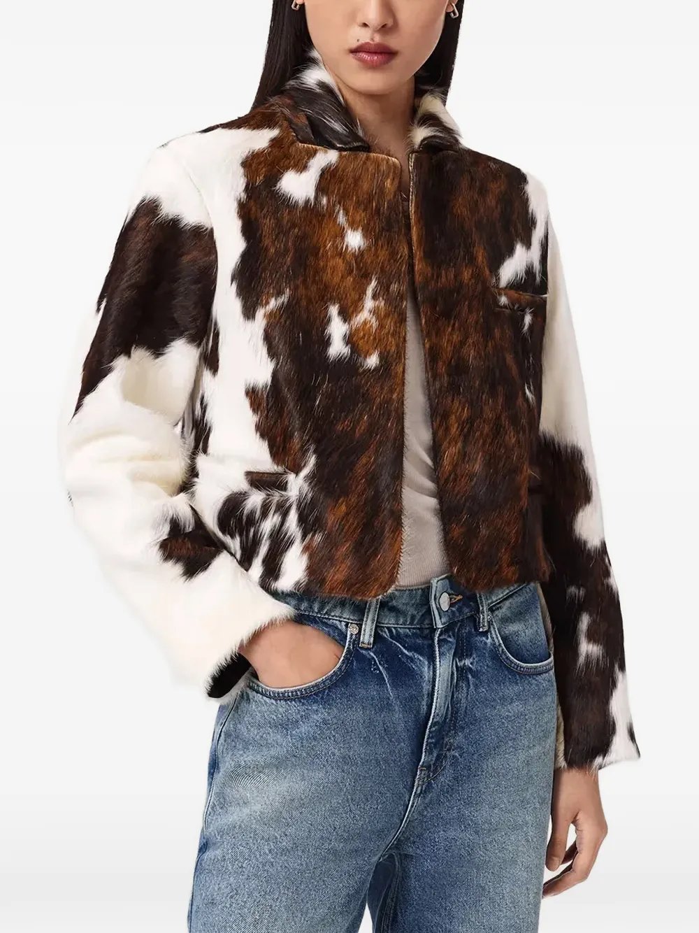 AllSaints Apton Dapple cow-print cropped jacket - Marrone