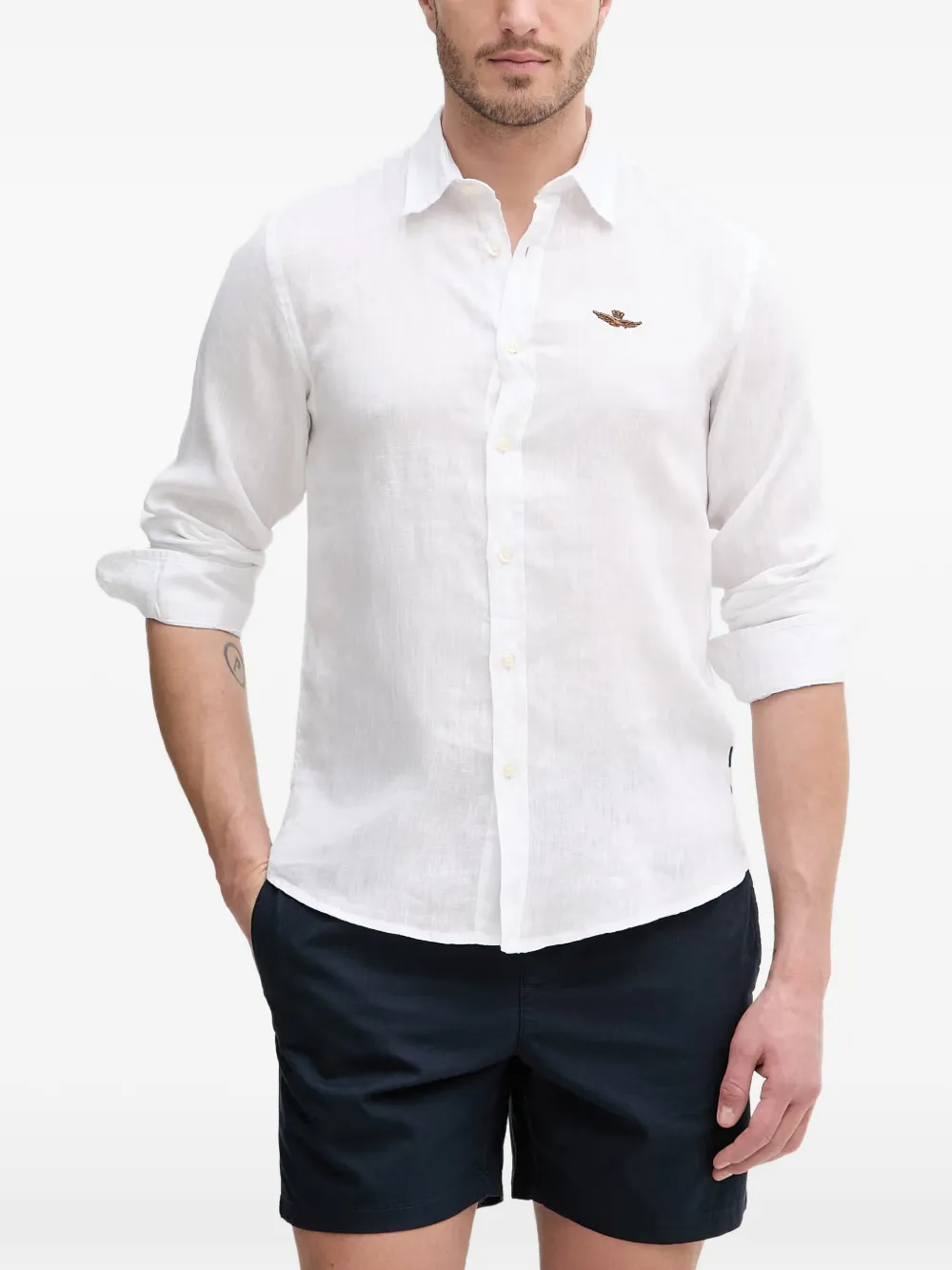 Aeronautica Militare logo-embroidered linen shirt - Weiß