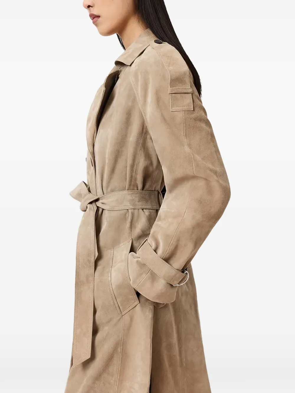 AllSaints Reed suède trenchcoat met dubbele rij knopen Beige