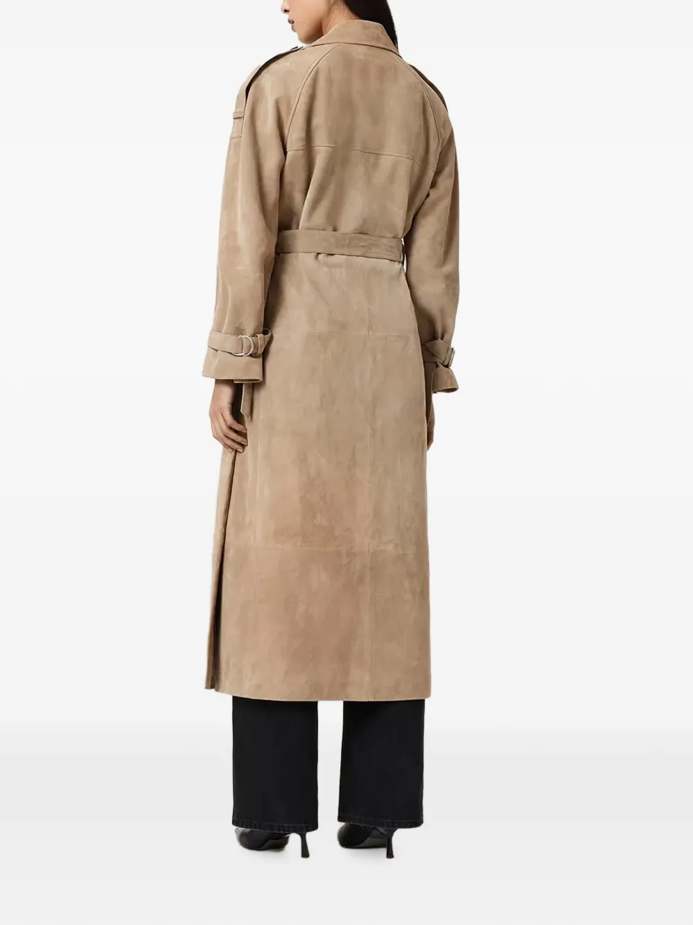 AllSaints Reed suède trenchcoat met dubbele rij knopen Beige