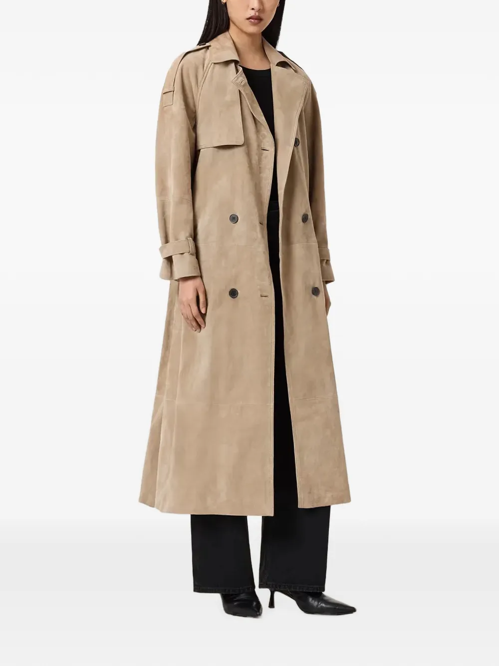 AllSaints Reed suède trenchcoat met dubbele rij knopen Beige