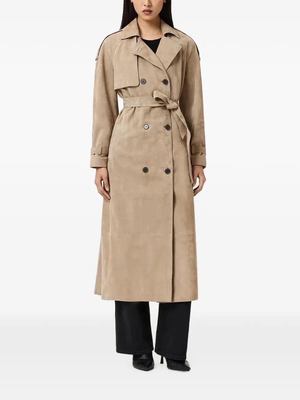 AllSaints Reed suède trenchcoat met dubbele rij knopen Beige