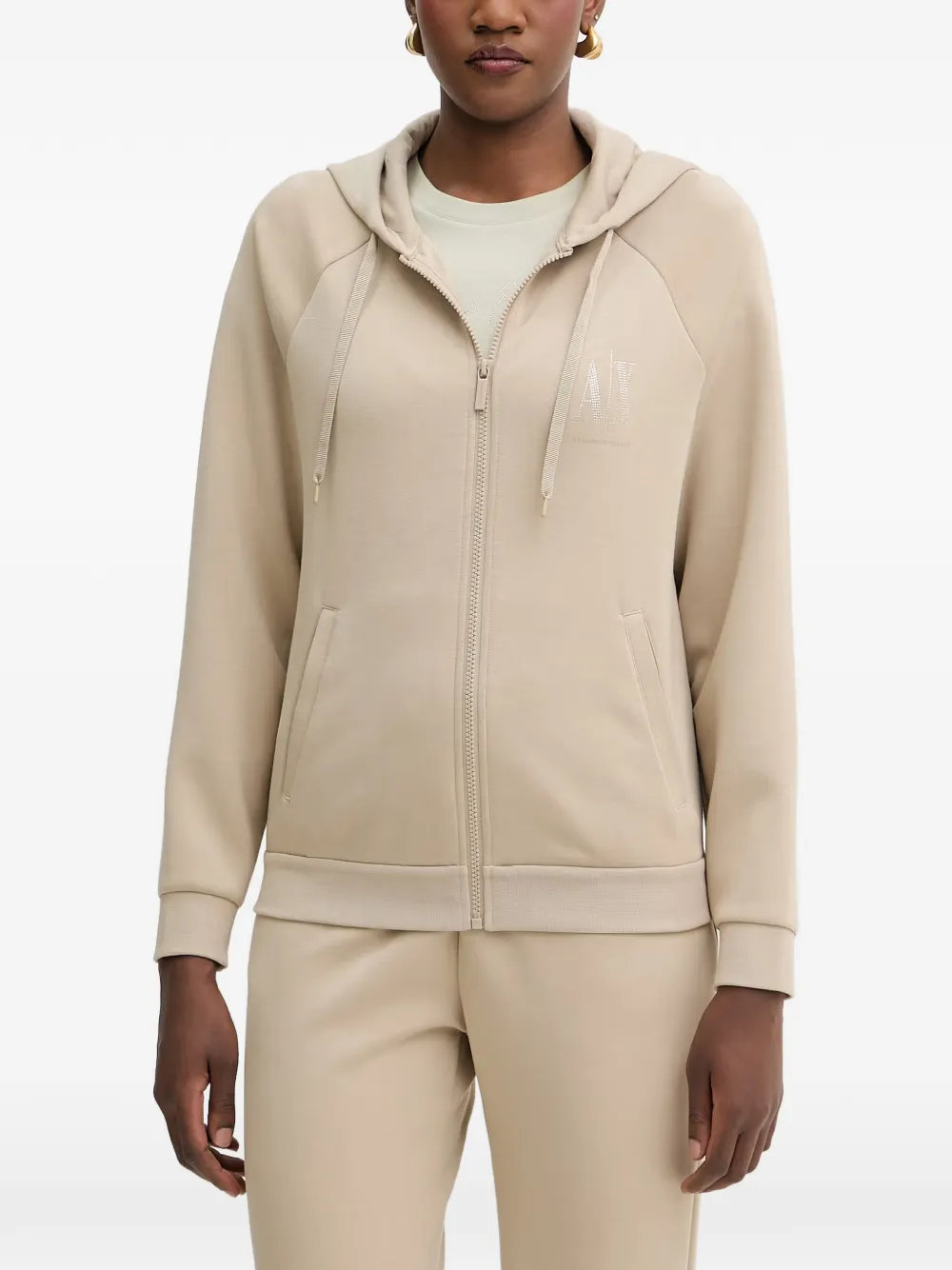 Armani Exchange rhinestone-logo zip-up hoodie - Neutrals