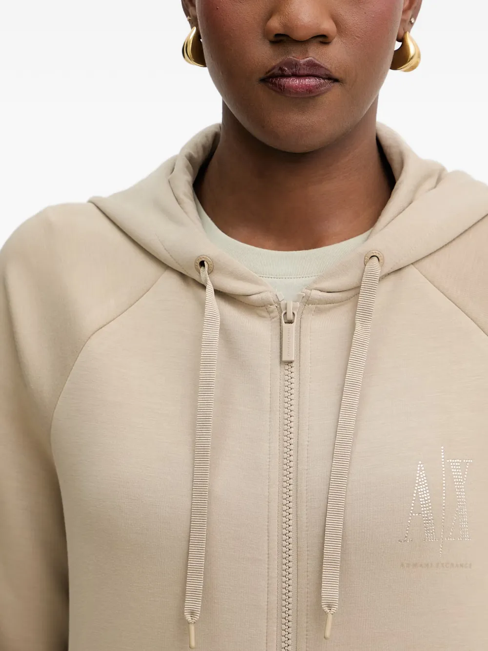 Armani Exchange Hoodie met rits en logo met stras Beige