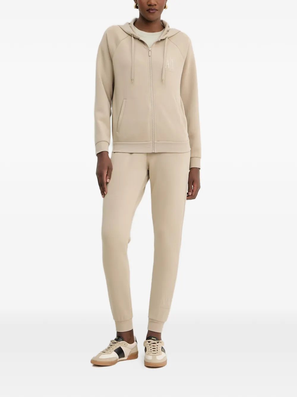 Armani Exchange Hoodie met rits en logo met stras Beige
