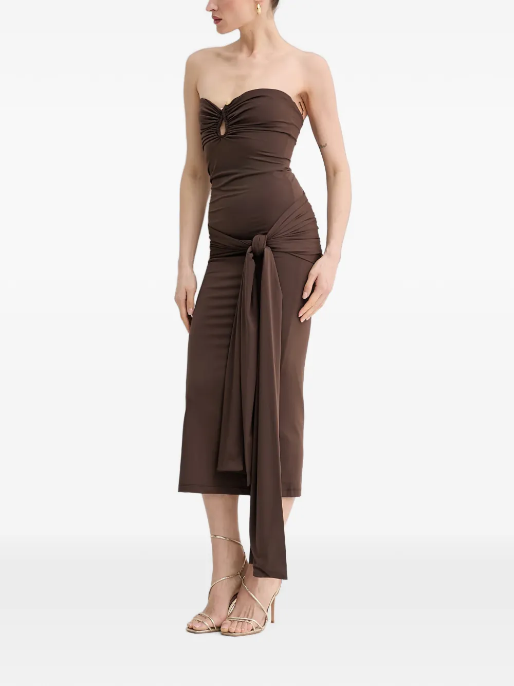Bardot Laverne midi-jurk met geknoopt detail en ruches Bruin