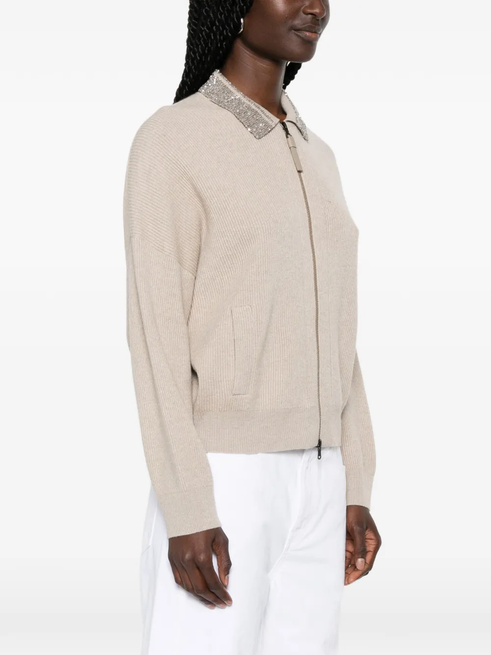 Brunello Cucinelli Vest verfraaid met kraag en rits Beige
