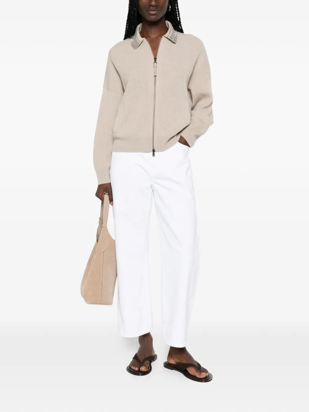 Brunello Cucinelli Vest verfraaid met kraag en rits Beige