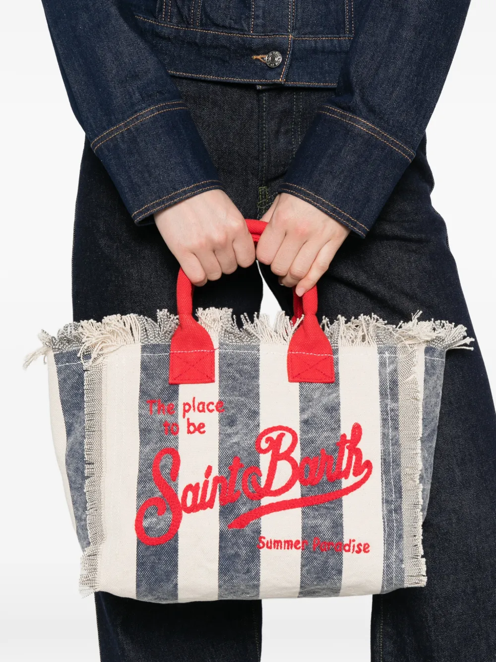 MC2 Saint Barth Kids Colette gestreepte shopper met franje Beige