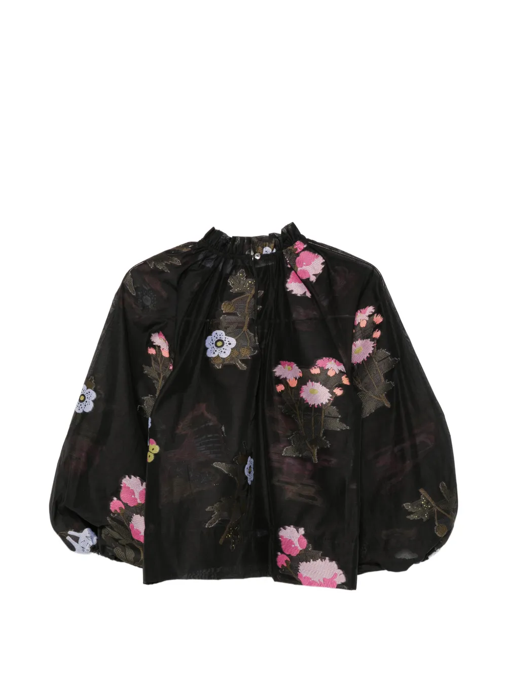 Cynthia Rowley Blouse met pofmouwen en geborduurde bloemen Zwart