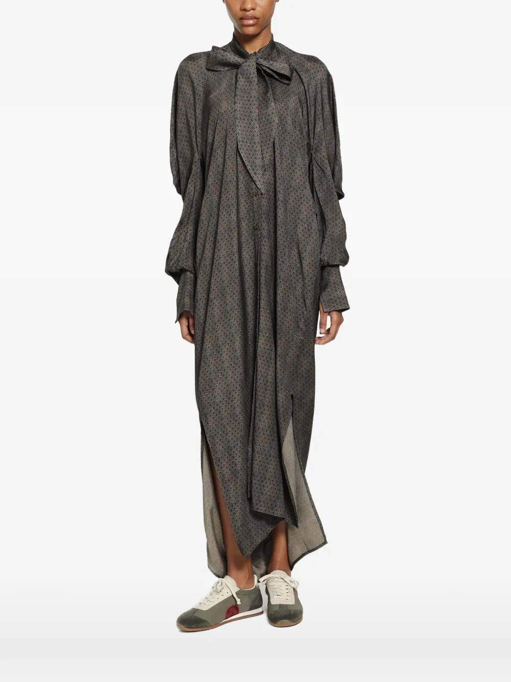 Uma Wang Corey printed pussy-bow coat - Grigio