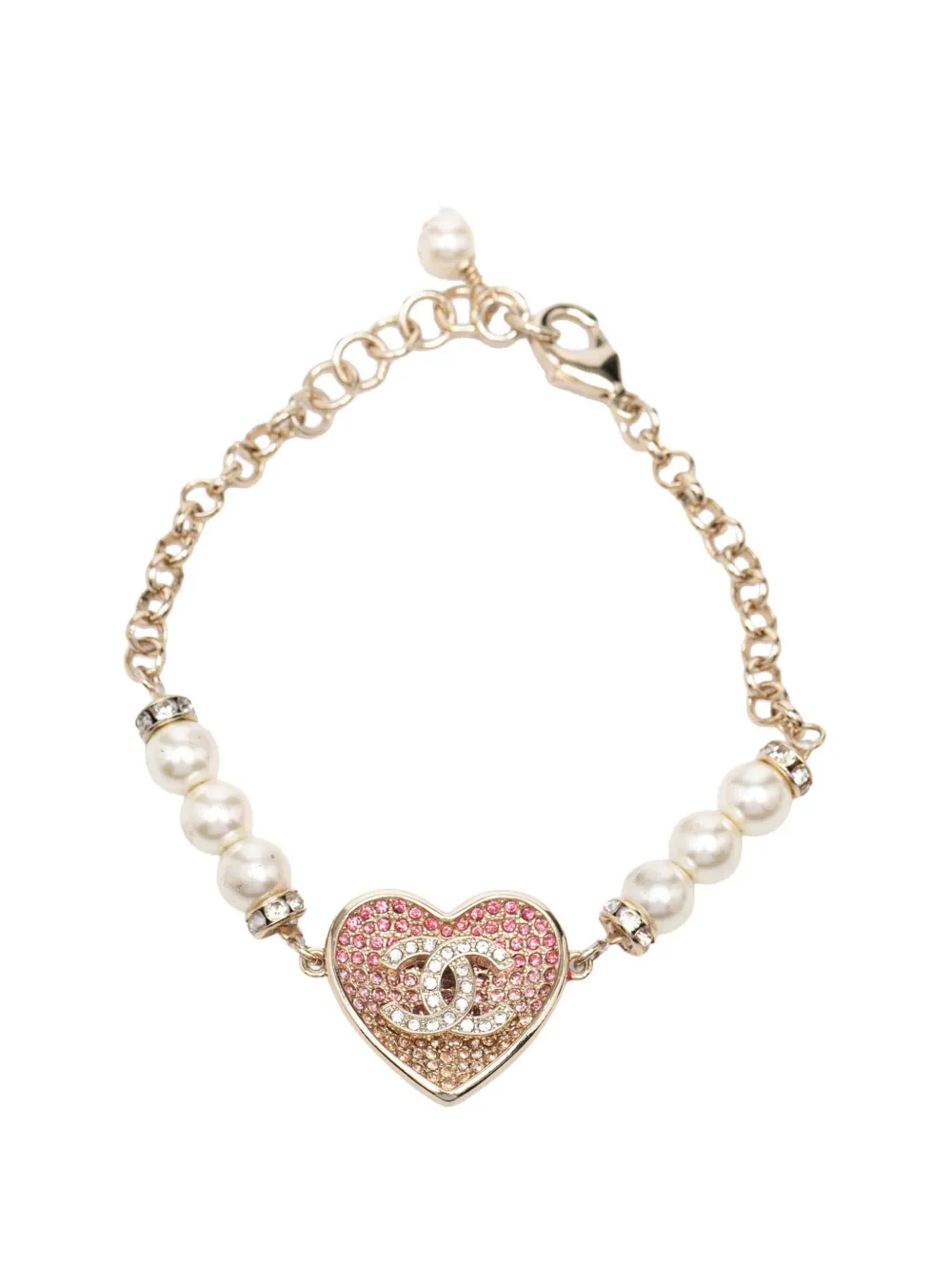 CHANEL Pre-Owned 2023 CC Gold Plated Resin Crystal Faux Pearl Chain Heart Bracelet costume bracelet - Oro