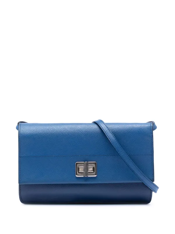 Prada Pre-owned 2013-2026 Saffiano Turn Lock Wallet on Strap Crossbody Bag in Blue