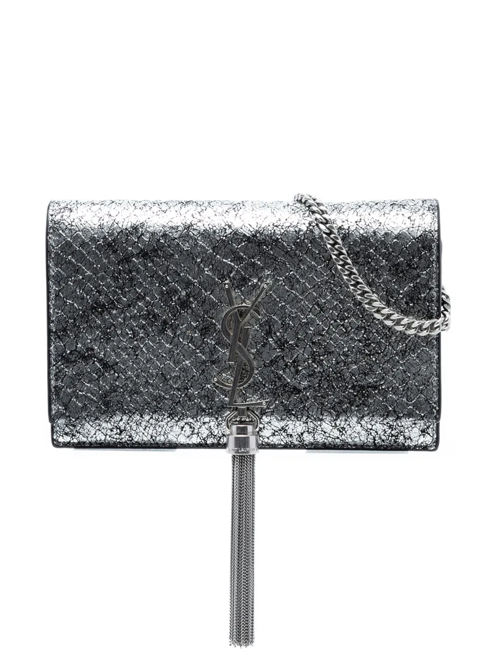 Saint Laurent Pre-Owned 2019 Python Embossed Metallic Leather Classic Monogram Kate Tassel Wallet on Chain crossbody bag - Argento