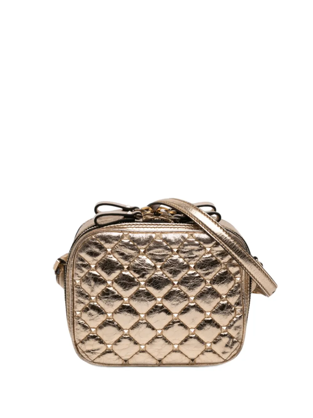 Valentino Garavani Pre-Owned 2000-2017 Metallic Wrinkled Lambskin Rockstud Spike Double Zip Camera Bag crossbody bag - Oro
