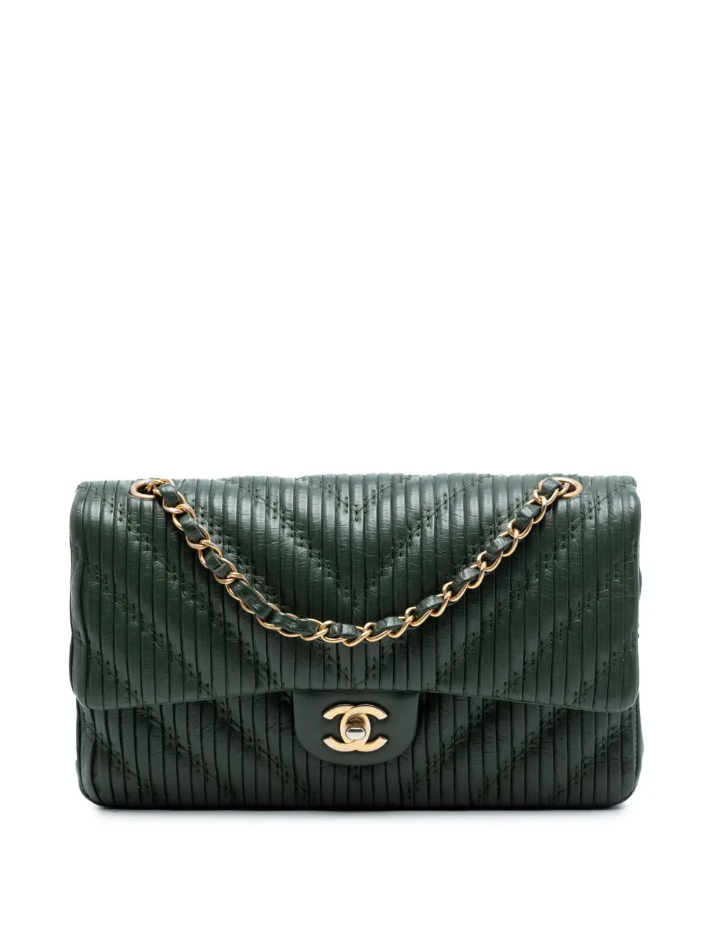 CHANEL Pre-Owned 2018 Medium Classic Chevron Calfskin Pleated Double Flap shoulder bag - Verde