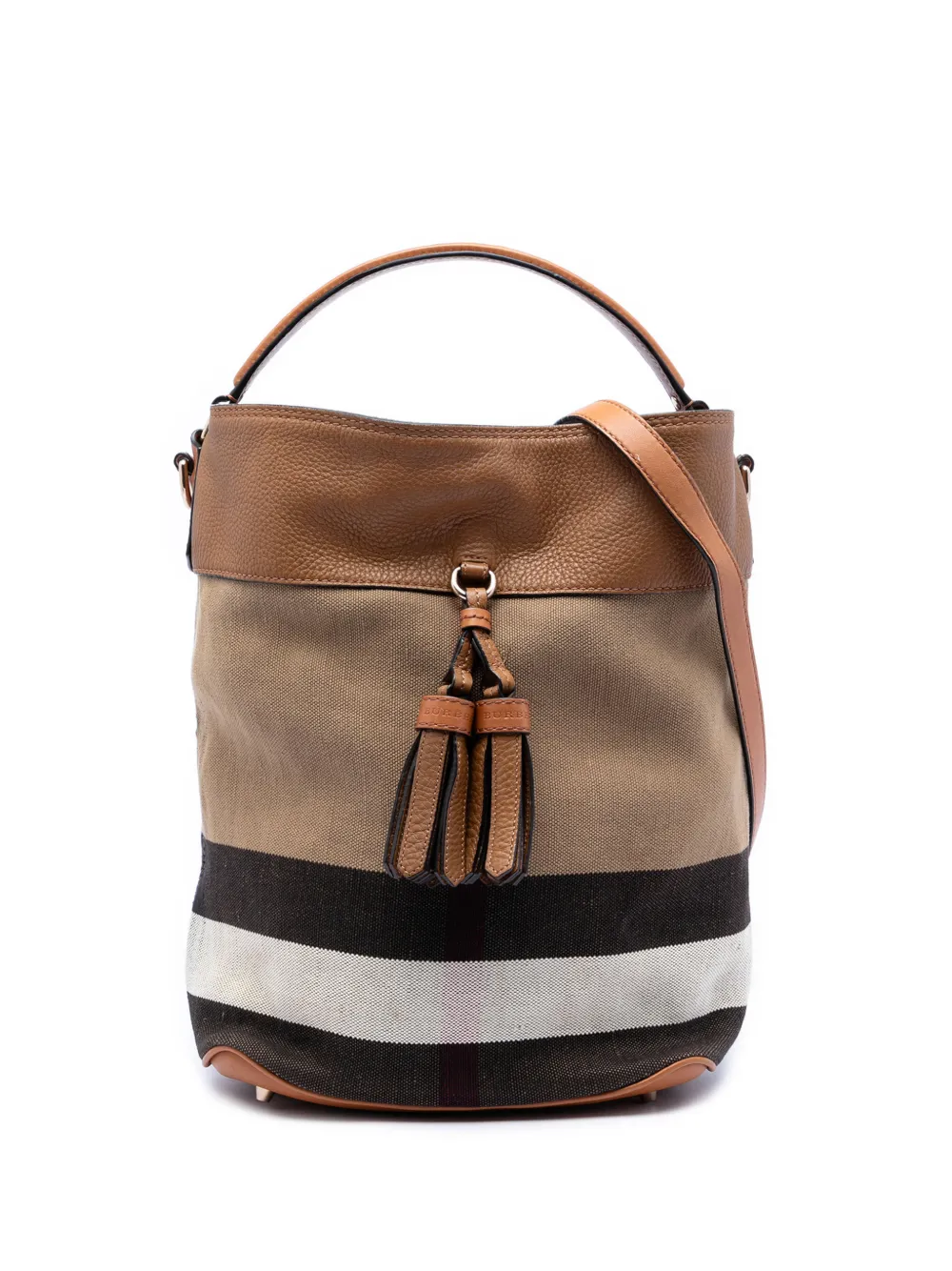 Burberry Pre-Owned 2000-2017 Medium Mega Check Canvas and Grained Calfskin Ashby Tassel Bucket Bag satchel - Marrone
