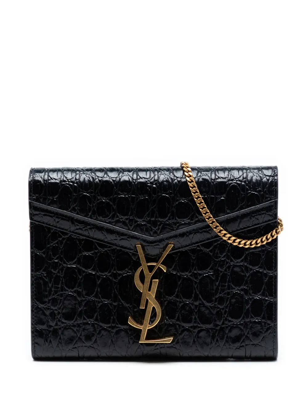 Saint Laurent Pre-Owned 2013-2026 Shiny Croc Embossed Calfskin Monogram Cassandra Chain Wallet crossbody bag - Nero