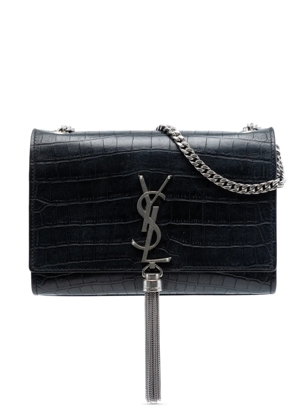 Saint Laurent Pre-Owned 2018 Croc Embossed Leather Monogram Kate Tassel Wallet on Chain crossbody bag - Nero