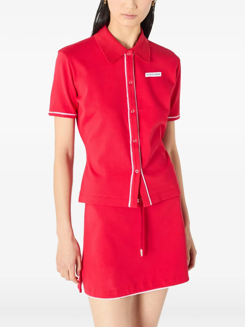 Marine Serre Geribbeld jersey poloshirt van biologisch katoen Rood