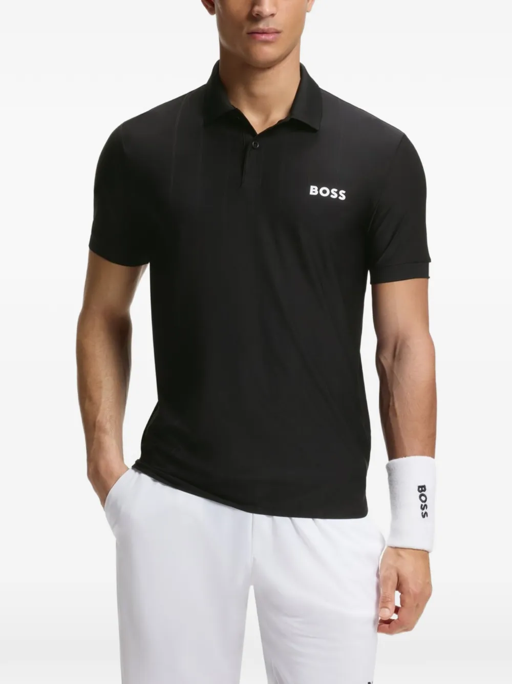 BOSS Active gestreept jersey slim-fit poloshirt met stretch Zwart
