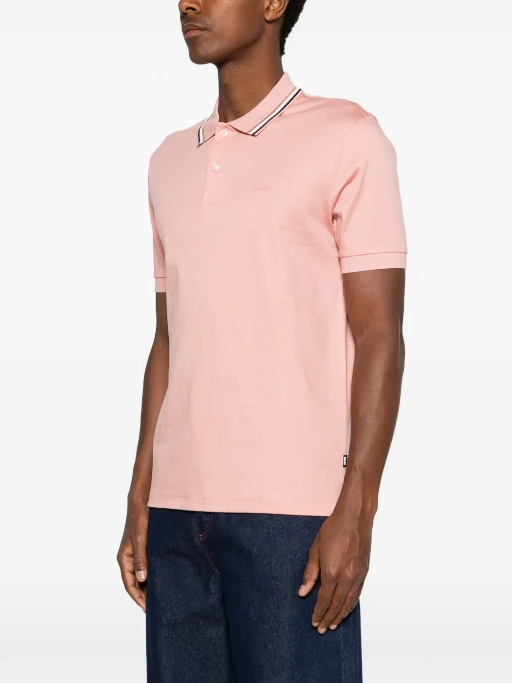BOSS Slim-fit katoenen poloshirt met gestreepte kraag Roze