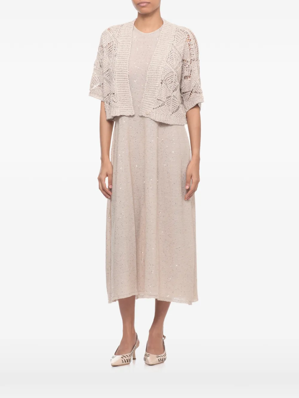 Antonelli Peonia sequin-embellished open-knit cardigan - Nude