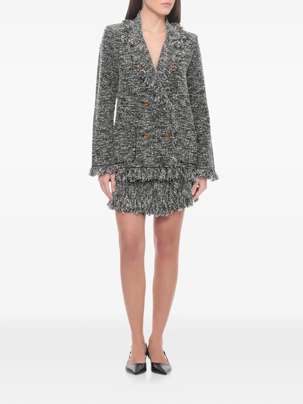 Elisabetta Franchi Blazer met dubbele rij knopen en franje Zwart