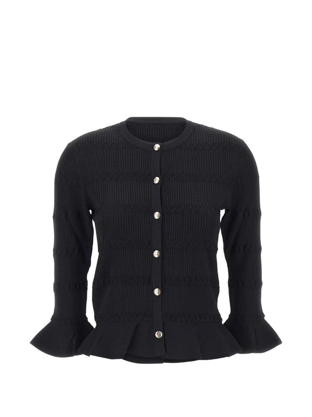 Liu •jo Ruffled Rib-knit Cardigan In Black