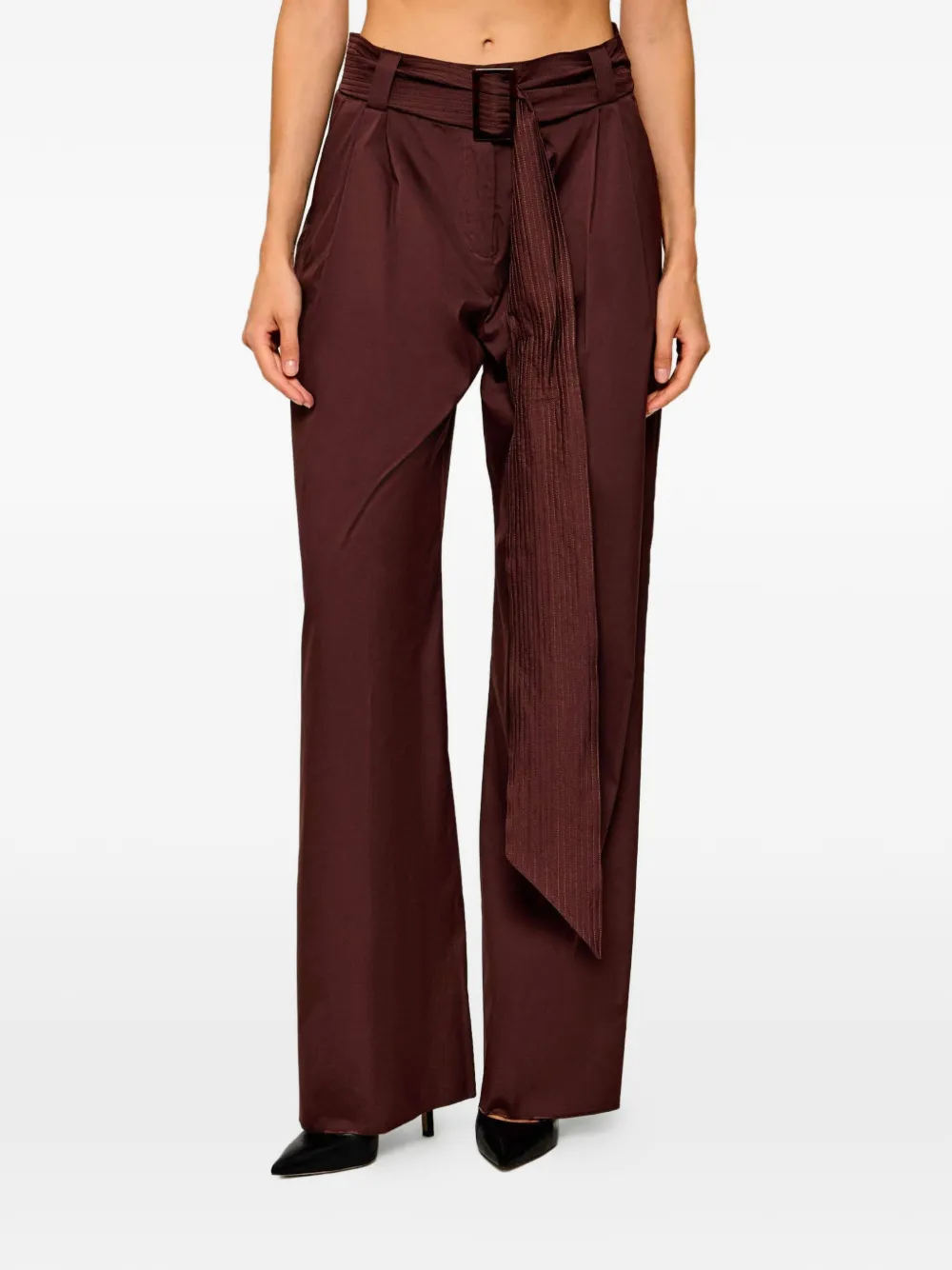 Marella belted pleated wide-leg high-waisted trousers - Marrone