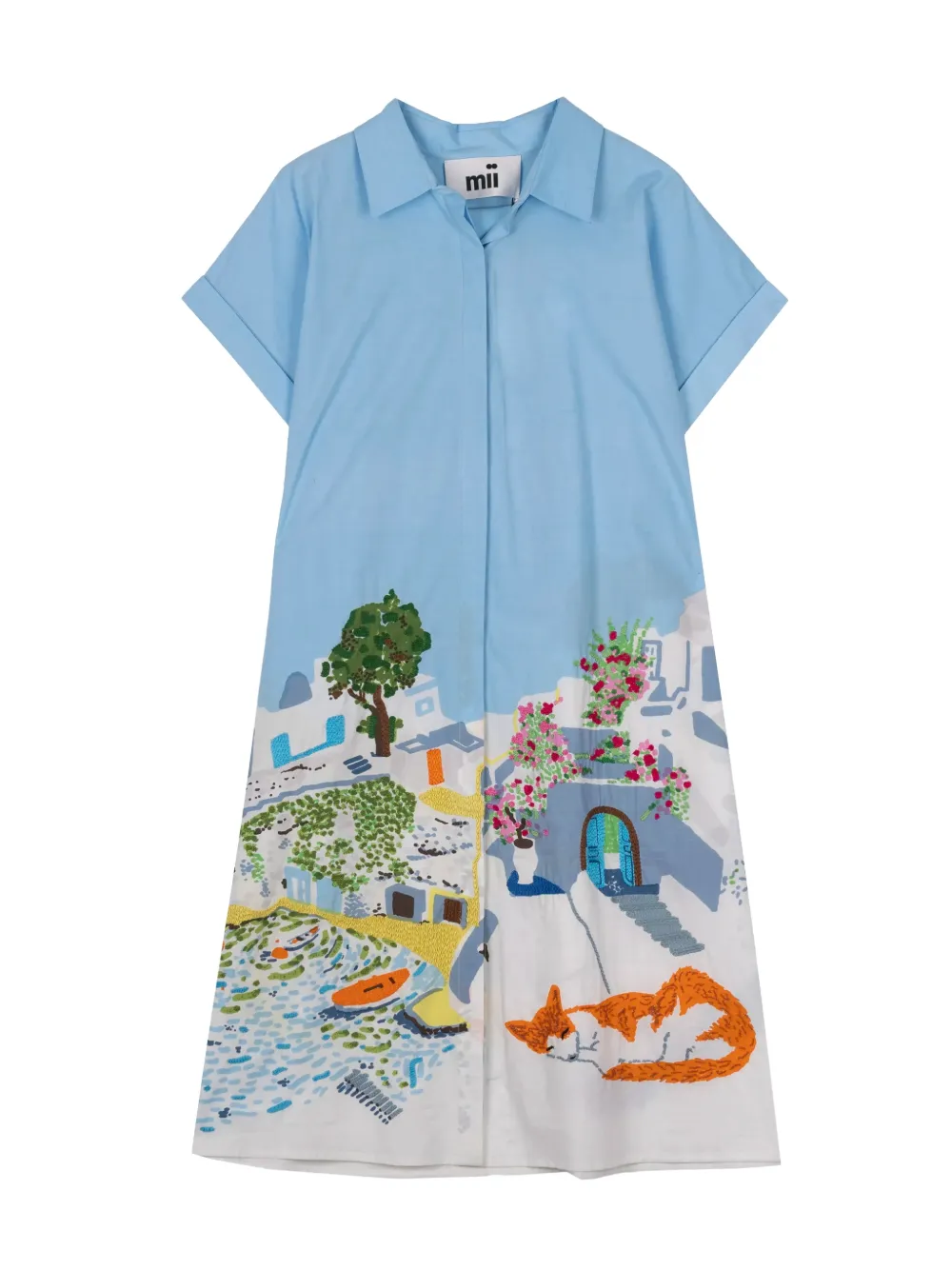 mii Elios embroidered graphic-print shirt mini dress - Blu
