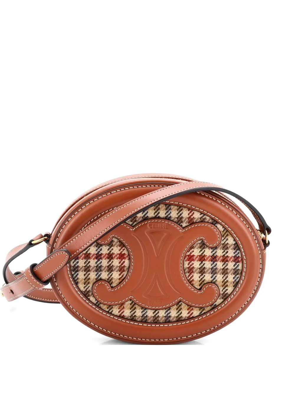 Celine Pre-Owned Triomphe Oval Tweed and Leather crossbody bag - Marrone