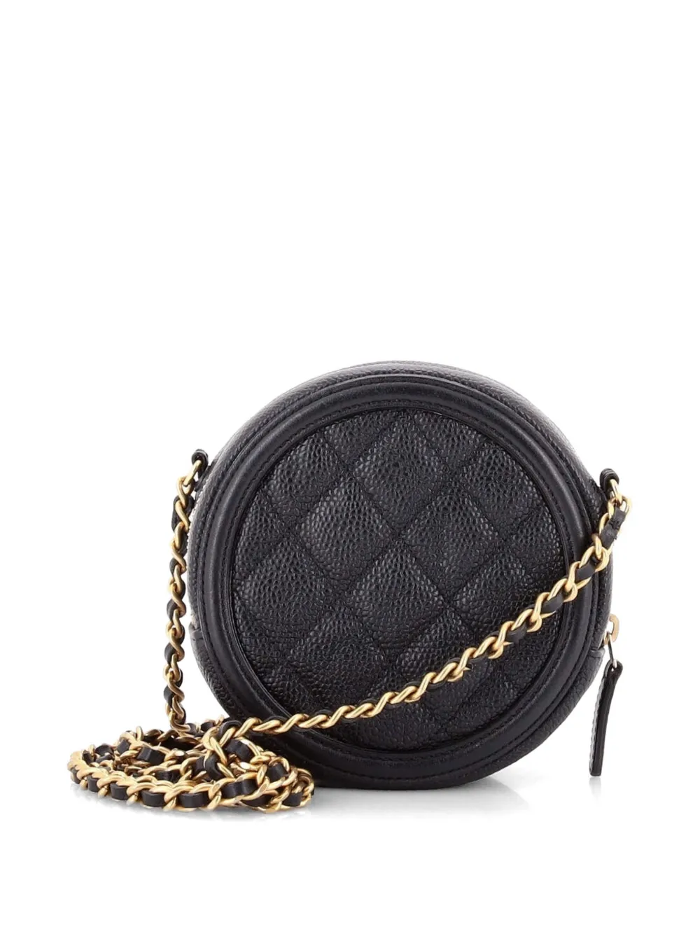 Chanel Pre-owned Filigree Round Clutch with Chain Quilted Caviar Mini Crossbody Bag in Black, view 2