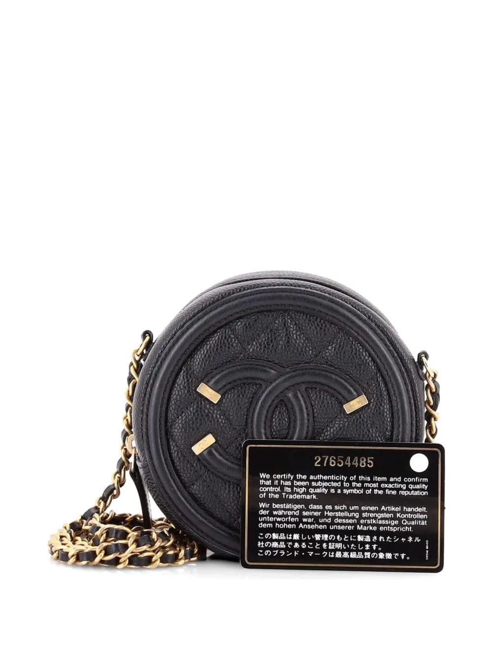 Chanel Pre-owned Filigree Round Clutch with Chain Quilted Caviar Mini Crossbody Bag in Black, view 5