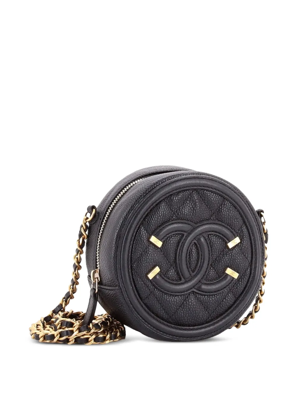 Chanel Pre-owned Filigree Round Clutch with Chain Quilted Caviar Mini Crossbody Bag in Black, view 3
