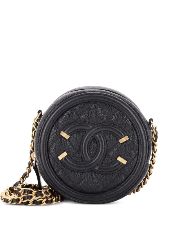 Chanel Pre-owned Filigree Round Clutch with Chain Quilted Caviar Mini Crossbody Bag in Black