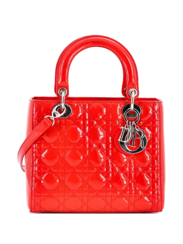 Dior Pre-owned Lady Dior NM Bag Cannage Quilt Patent Medium Satchel in Red