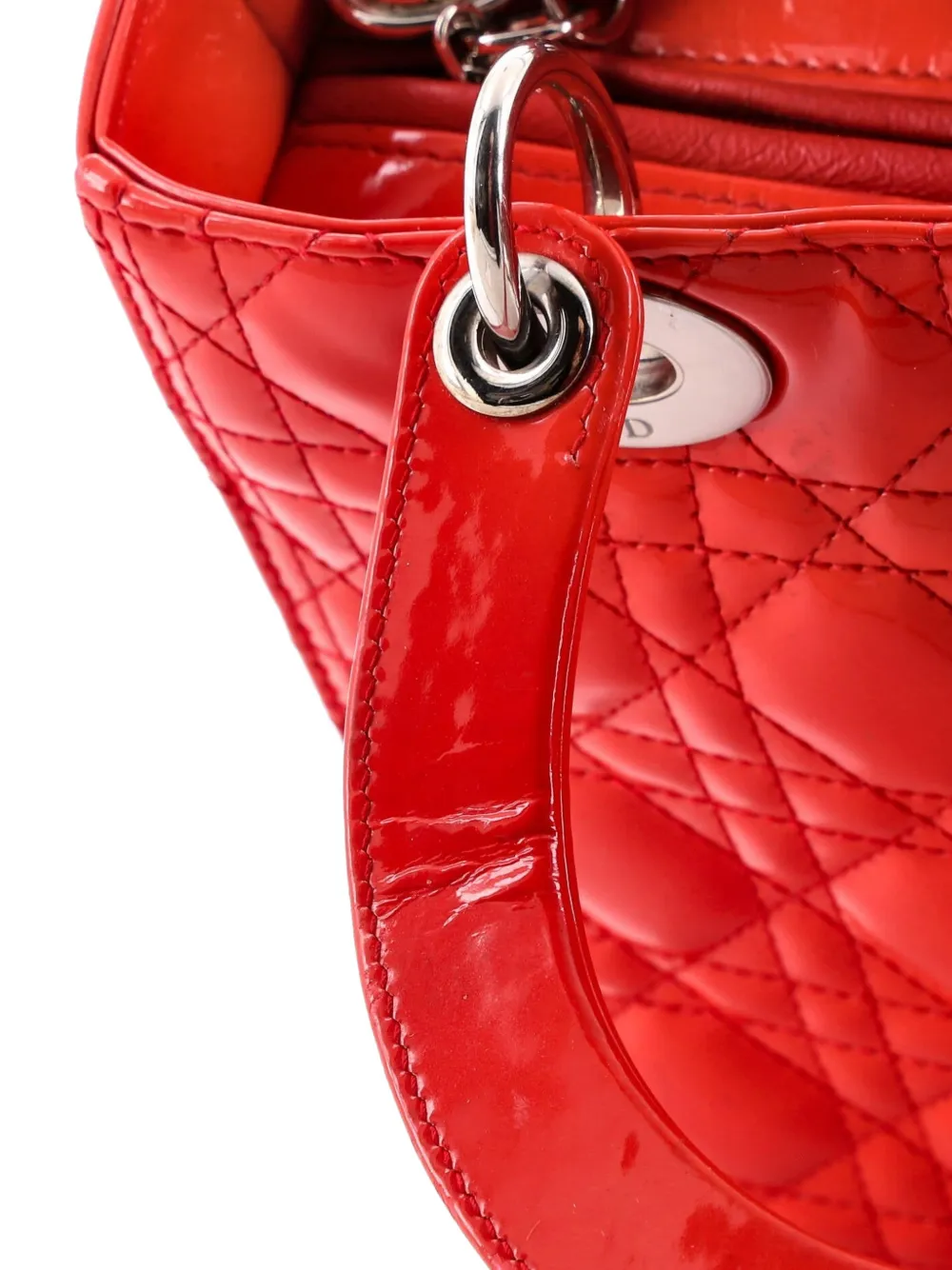 Dior Pre-owned Lady Dior NM Bag Cannage Quilt Patent Medium Satchel in Red, view 5