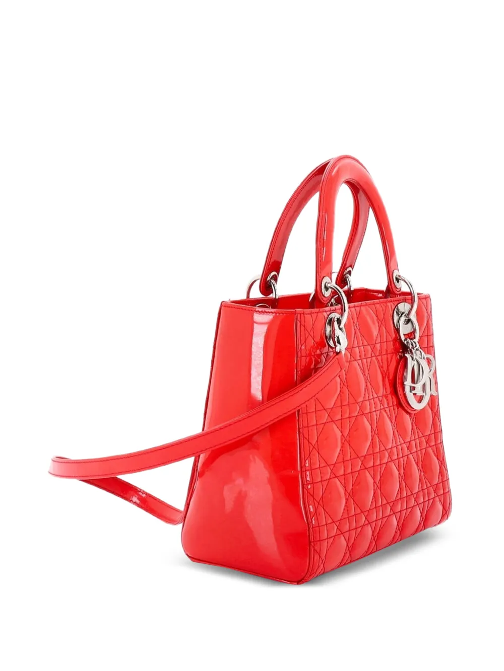 Dior Pre-owned Lady Dior NM Bag Cannage Quilt Patent Medium Satchel in Red, view 3